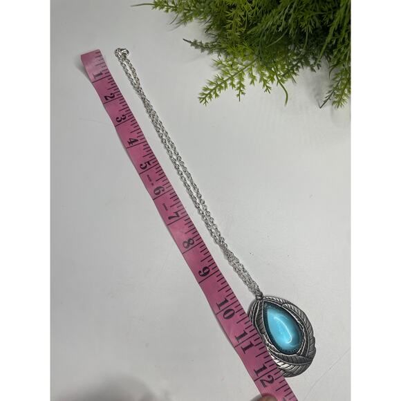 B1G2 FREE 🍁 Boho Feather Pendant Necklace with Turquoise Blue Stone Silver Chain - Picture 6 of 6